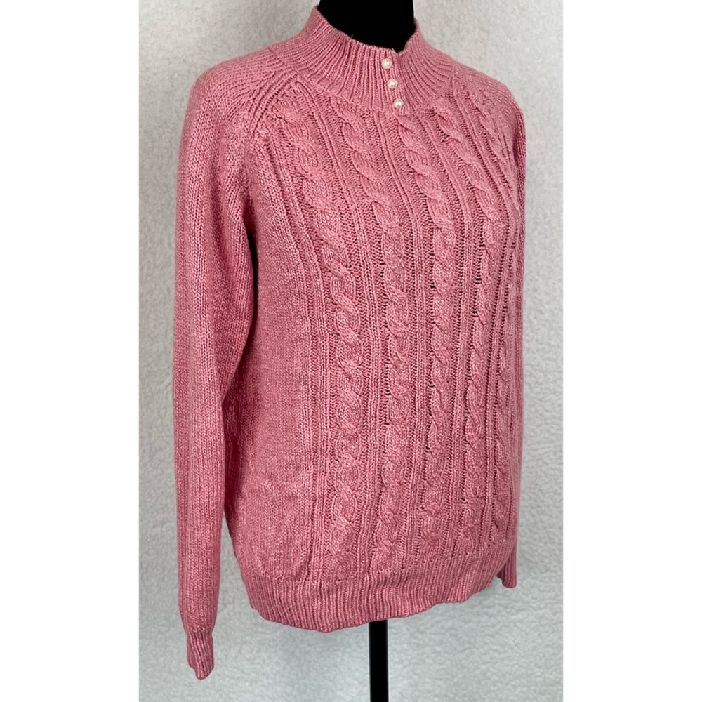 KAREN SCOTT • Dusty Pink Cable Knit Faux Pearl Button Mock-neck Sweater, S - Picture 9 of 16